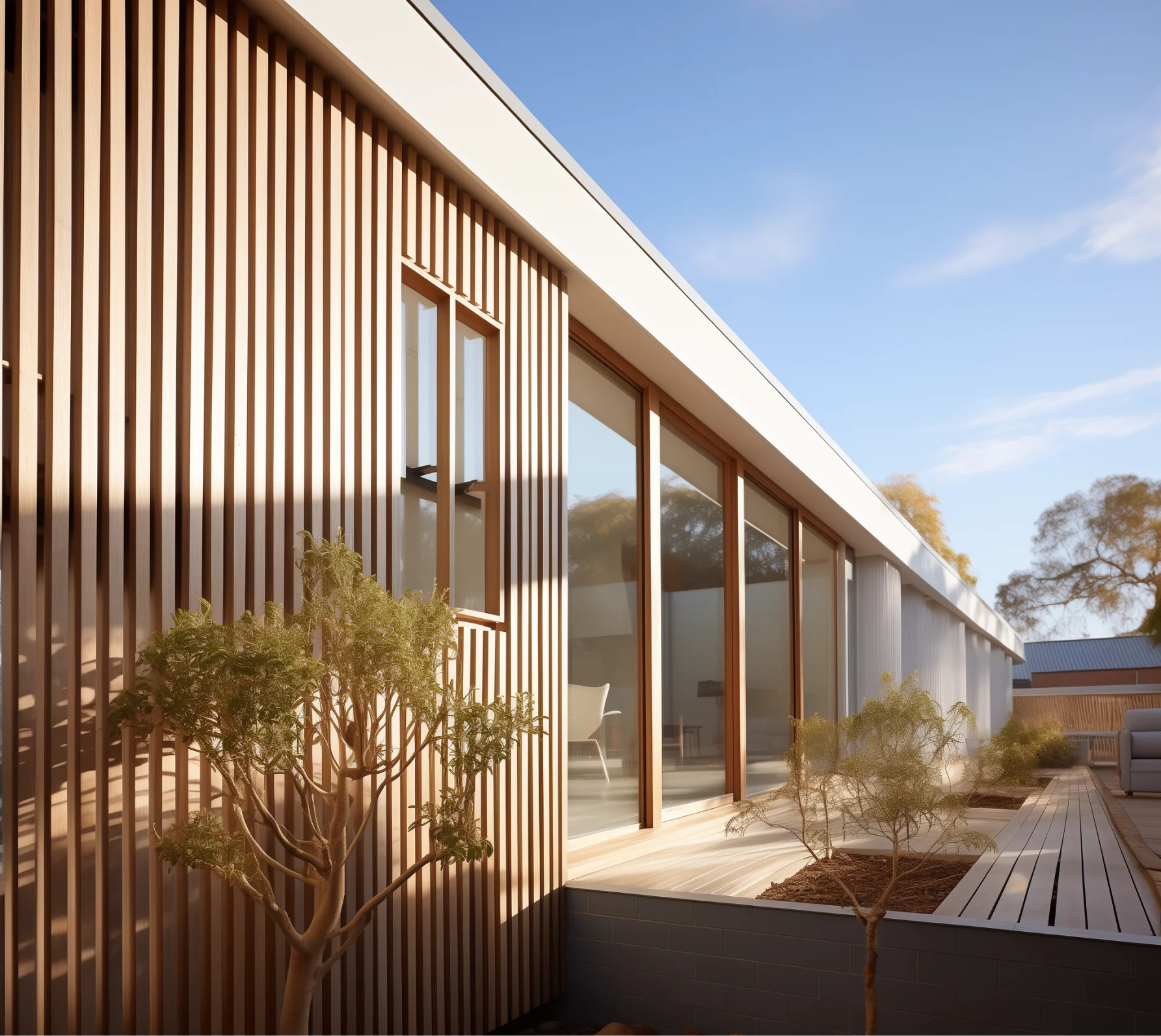 A contemporary house featuring wooden siding and a deck made of wood.